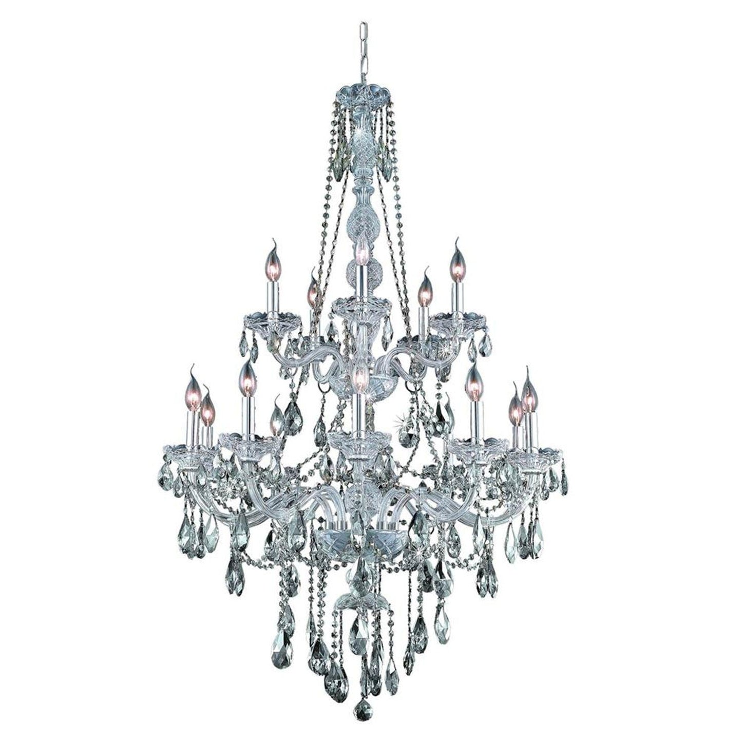 Chrome Fifteen-Light Chandelier with Golden Teak/Smoky Royal Cut Crystals