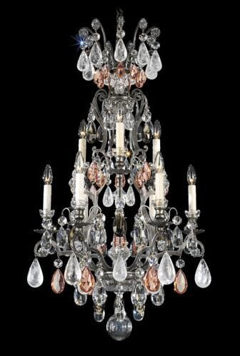 Pewter 10-Light Pink and Black Diamond Rock Crystal Chandelier, 21W x 40H x 21D