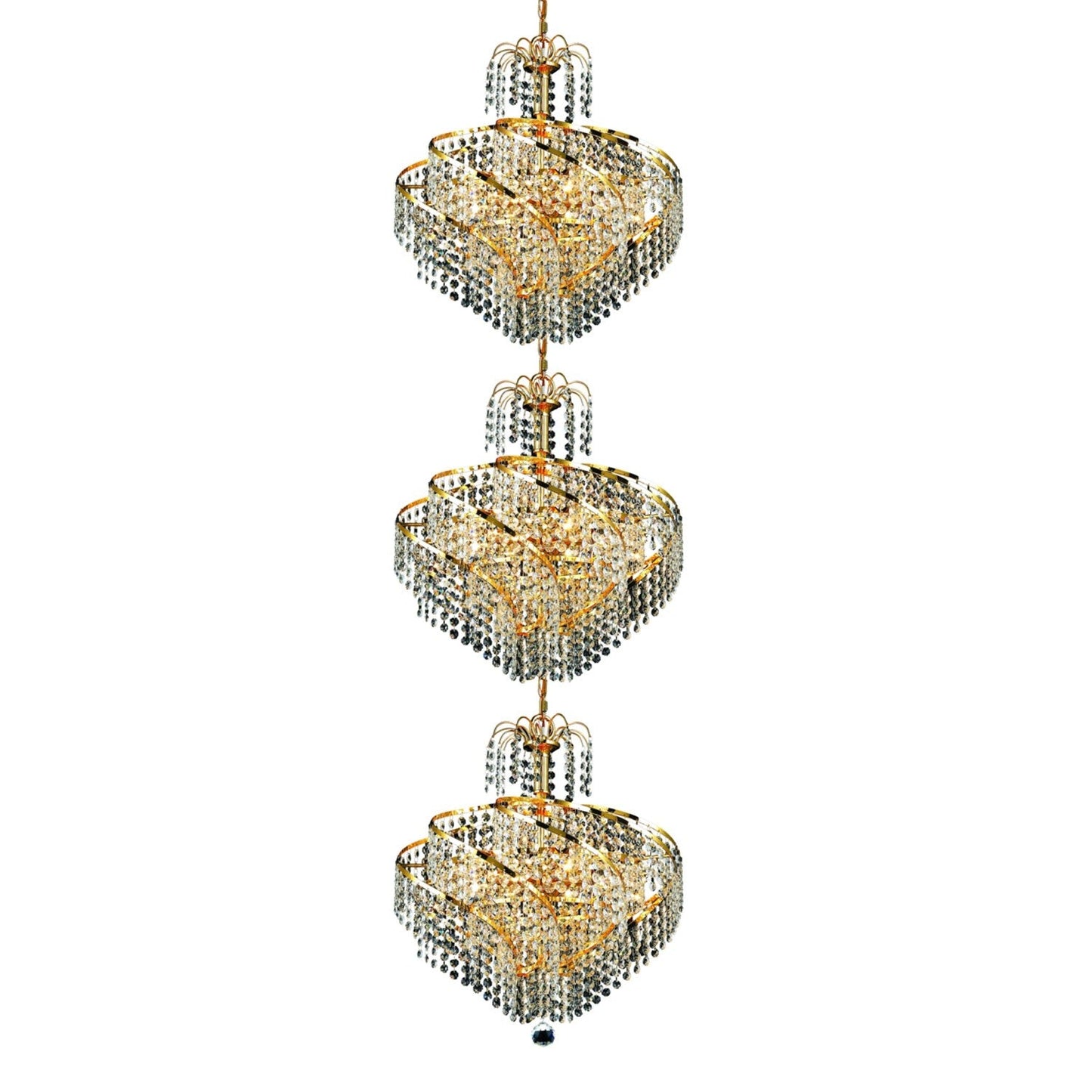 Spiral Gold Twenty-Four Light 18-Inch Three-Tier Pendant with Royal Cut Clear Crystal