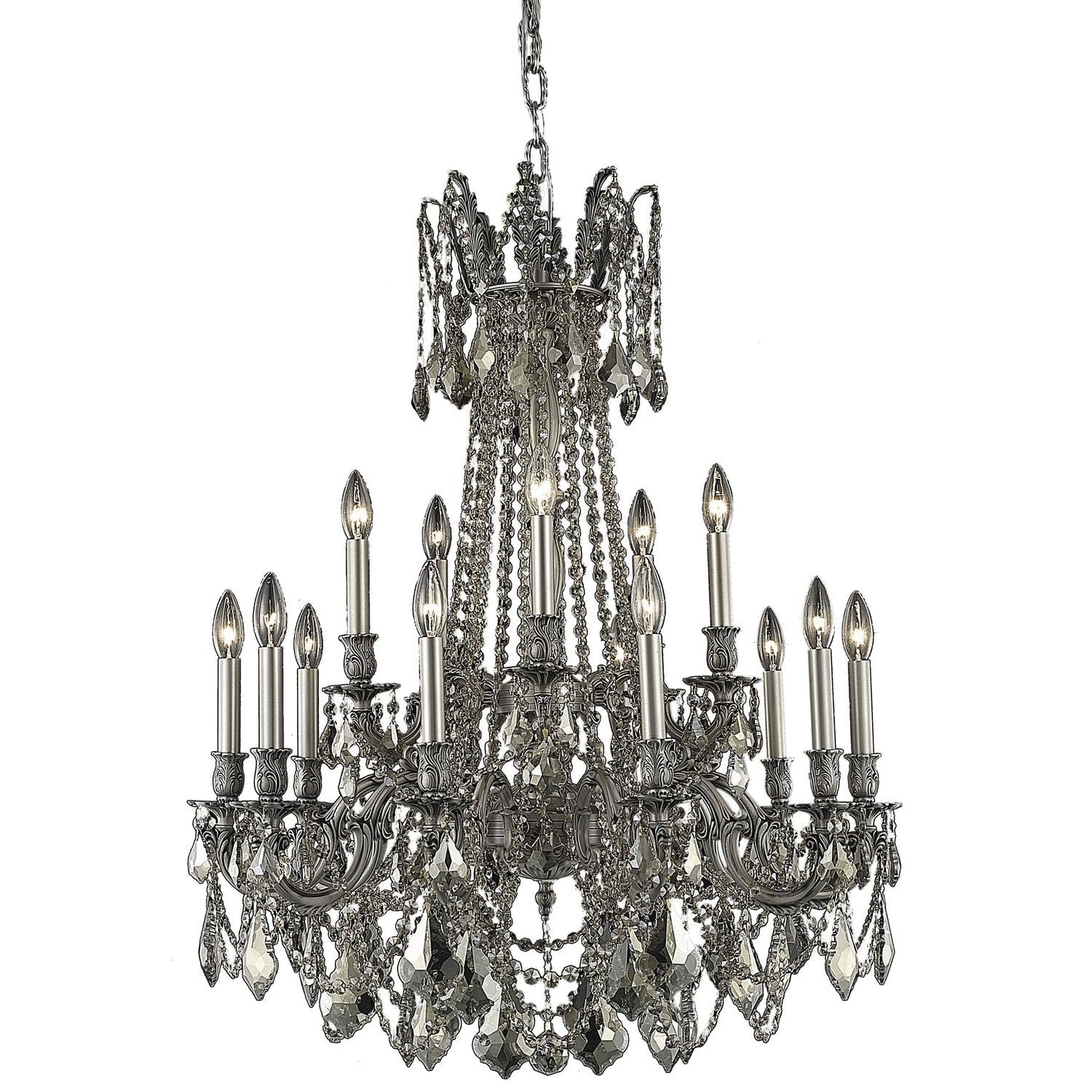 Rosalia Pewter Fifteen-Light Chandelier with Golden Teak/Smoky Royal Cut Crystals