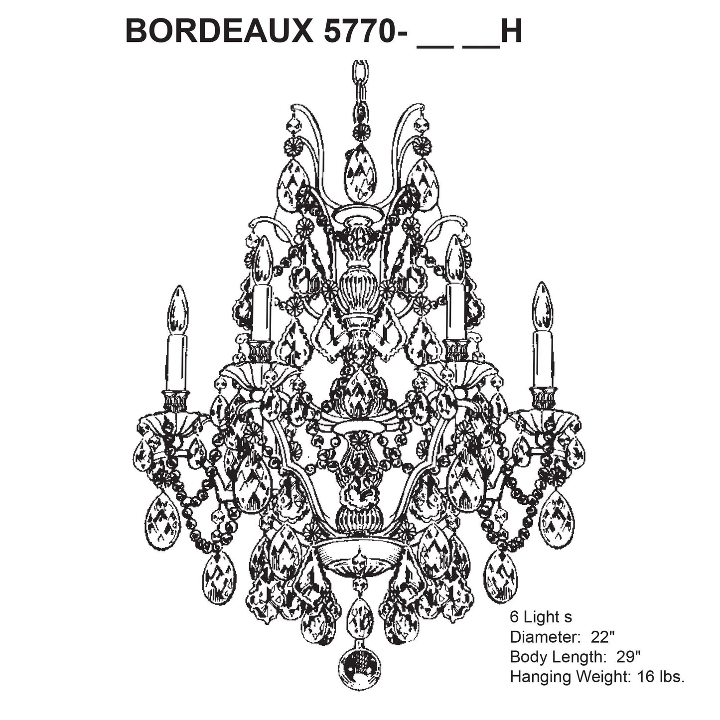 Bordeaux 29"H x 22"W 6-Light Crystal Chandelier in Etruscan Gold