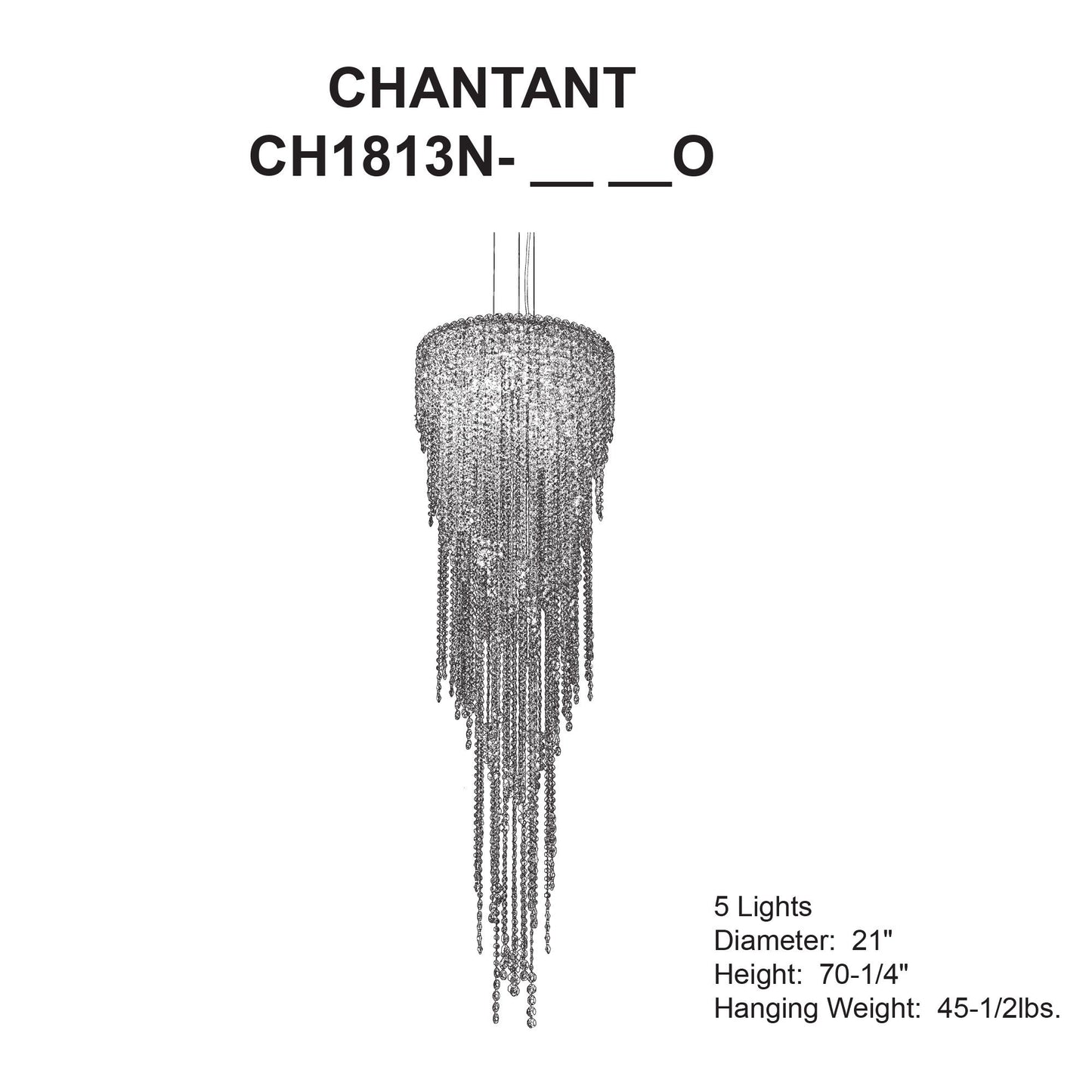 Chantant 70.3"H x 21"W 5-Light Crystal Chandelier in Pol Stainles