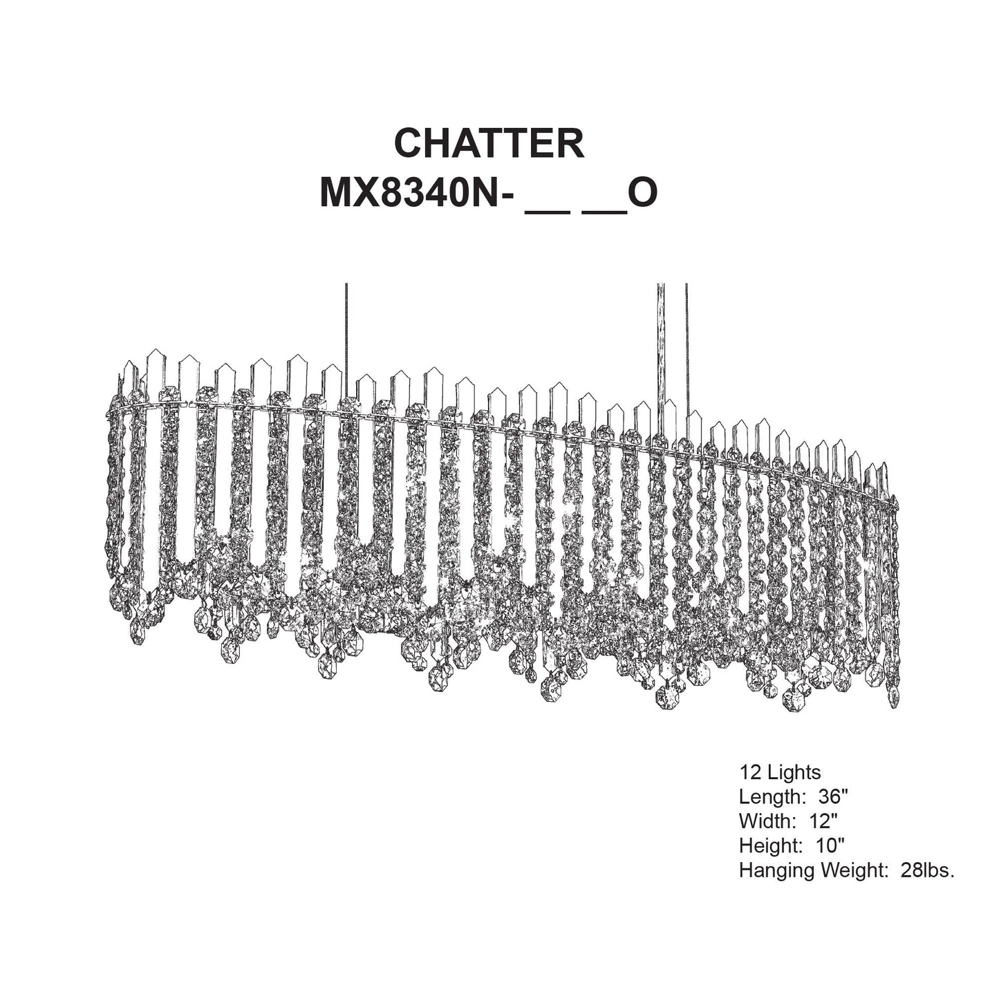 Chatter 10"H x 36"W 12-Light Crystal Linear Pendant in Pol Stainl