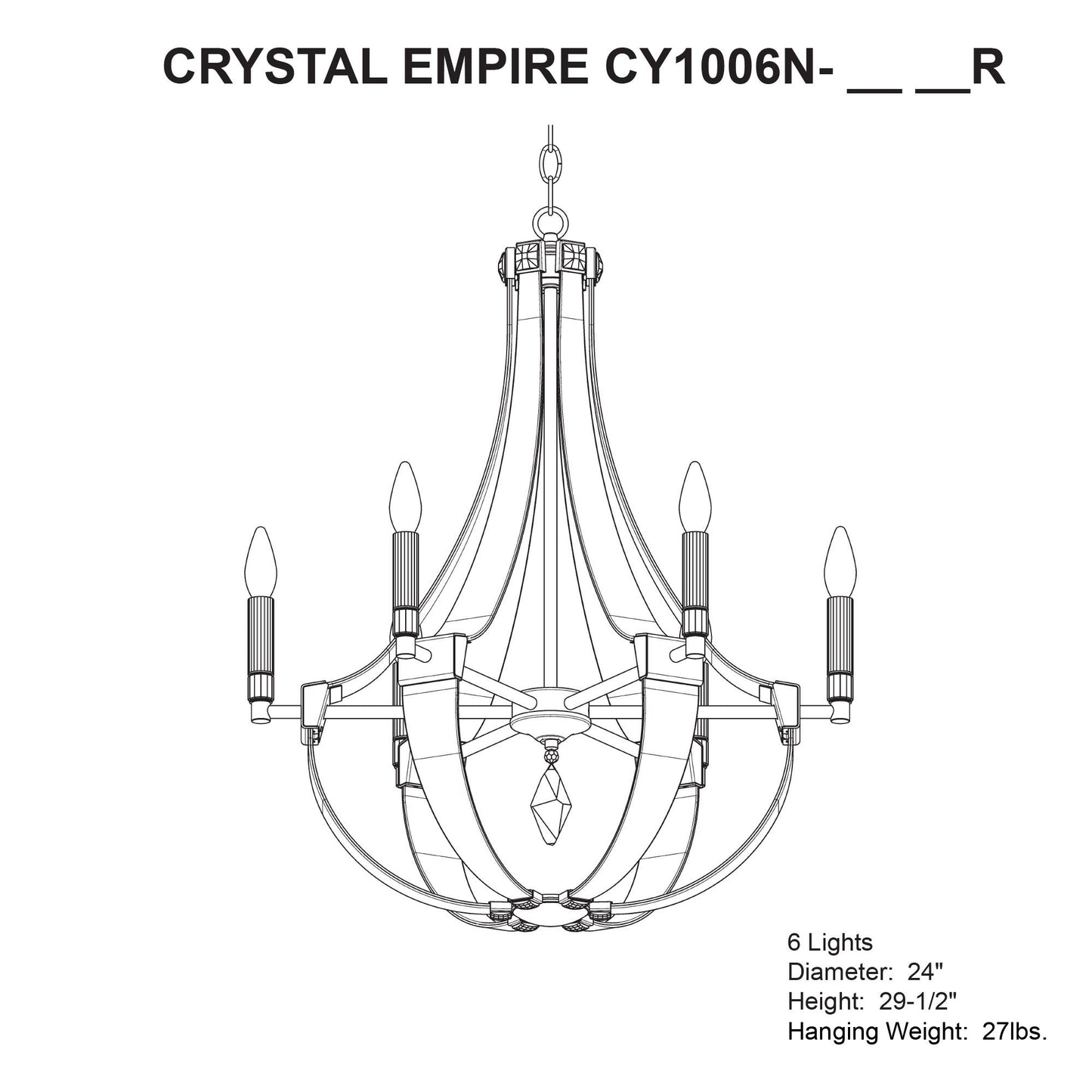 Crystal Empire 29.5"H x 24"W 6-Light Chandelier in Black