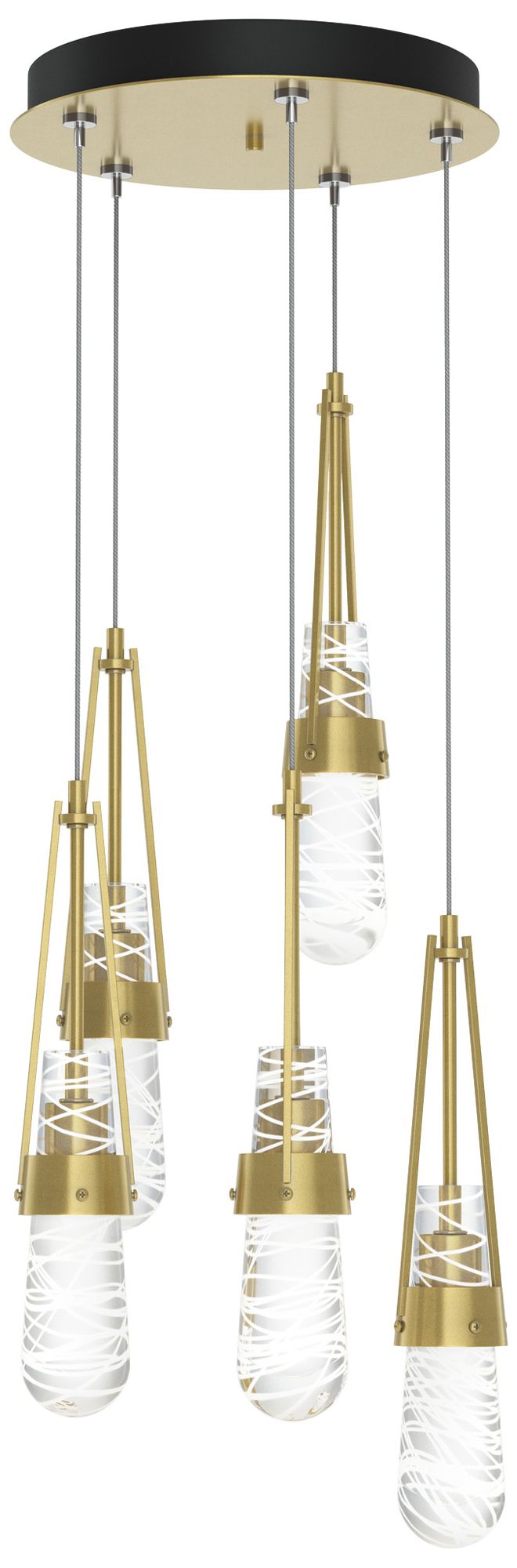 Link 13"W 5-Light Brass Long Pendant w/ Clear White Threaded Glass Sha