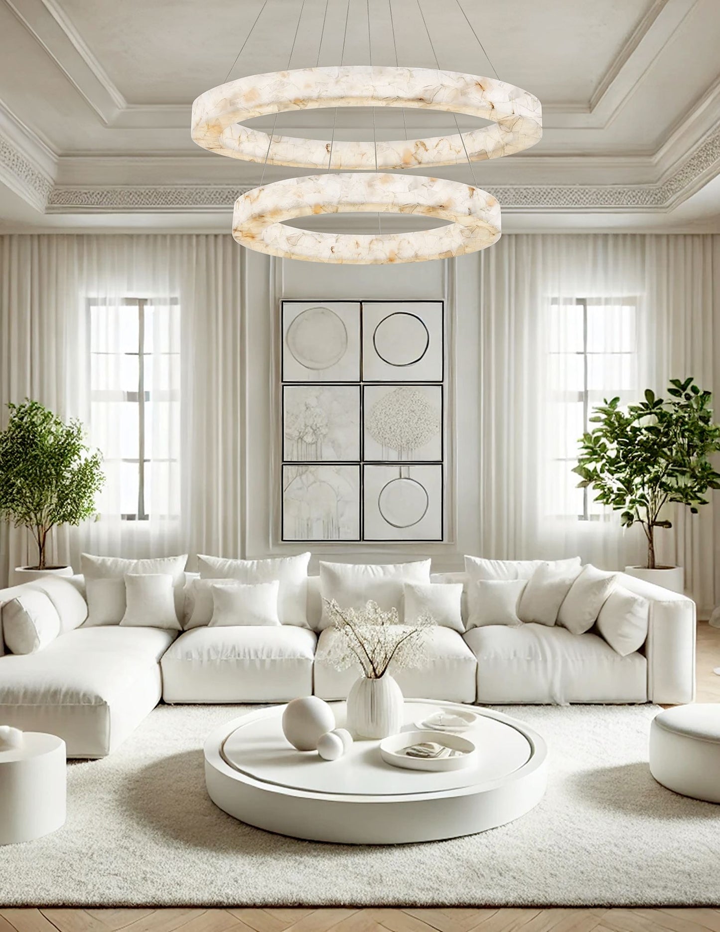 LumenAria Medley 42" Wide 2-Tier Alabaster Rocks LED Ring Pendant