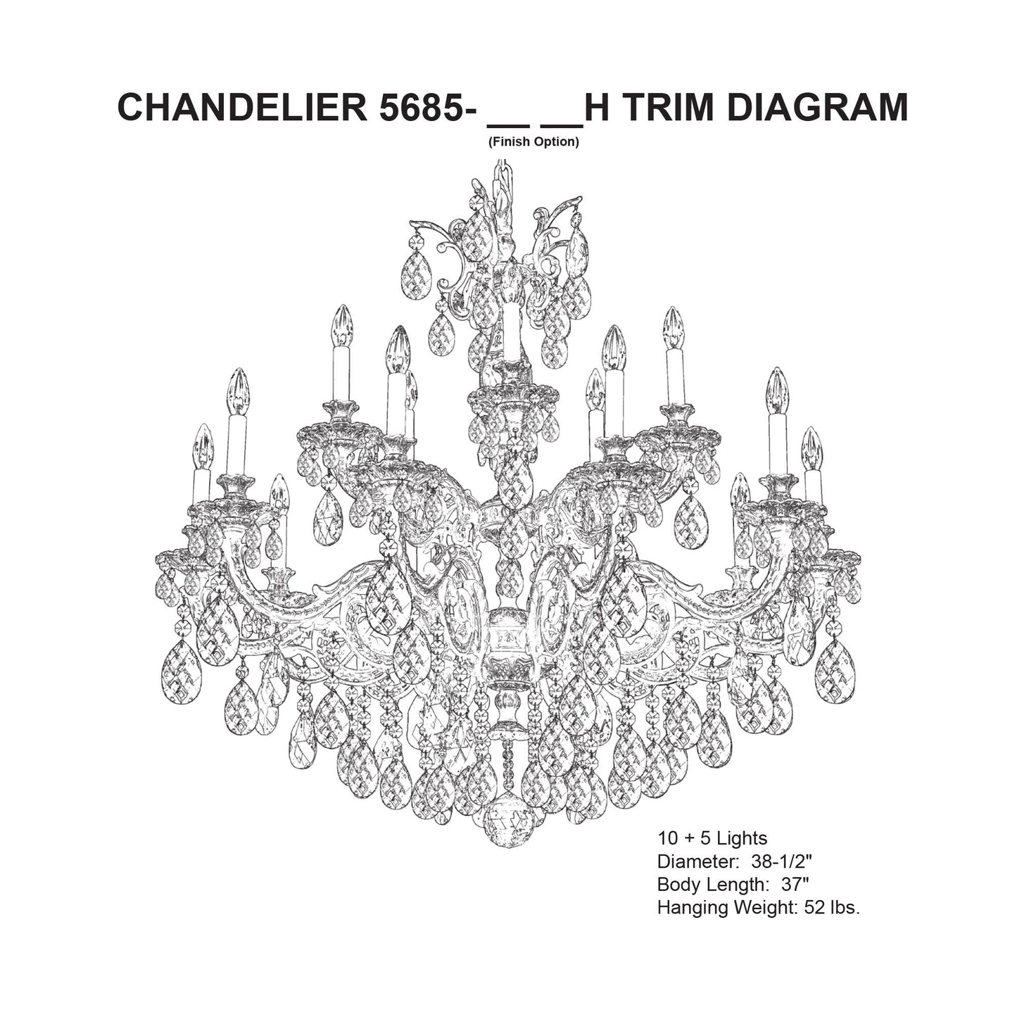 Milano 38"H x 38.5"W 15-Light Crystal Chandelier in Etruscan Gold
