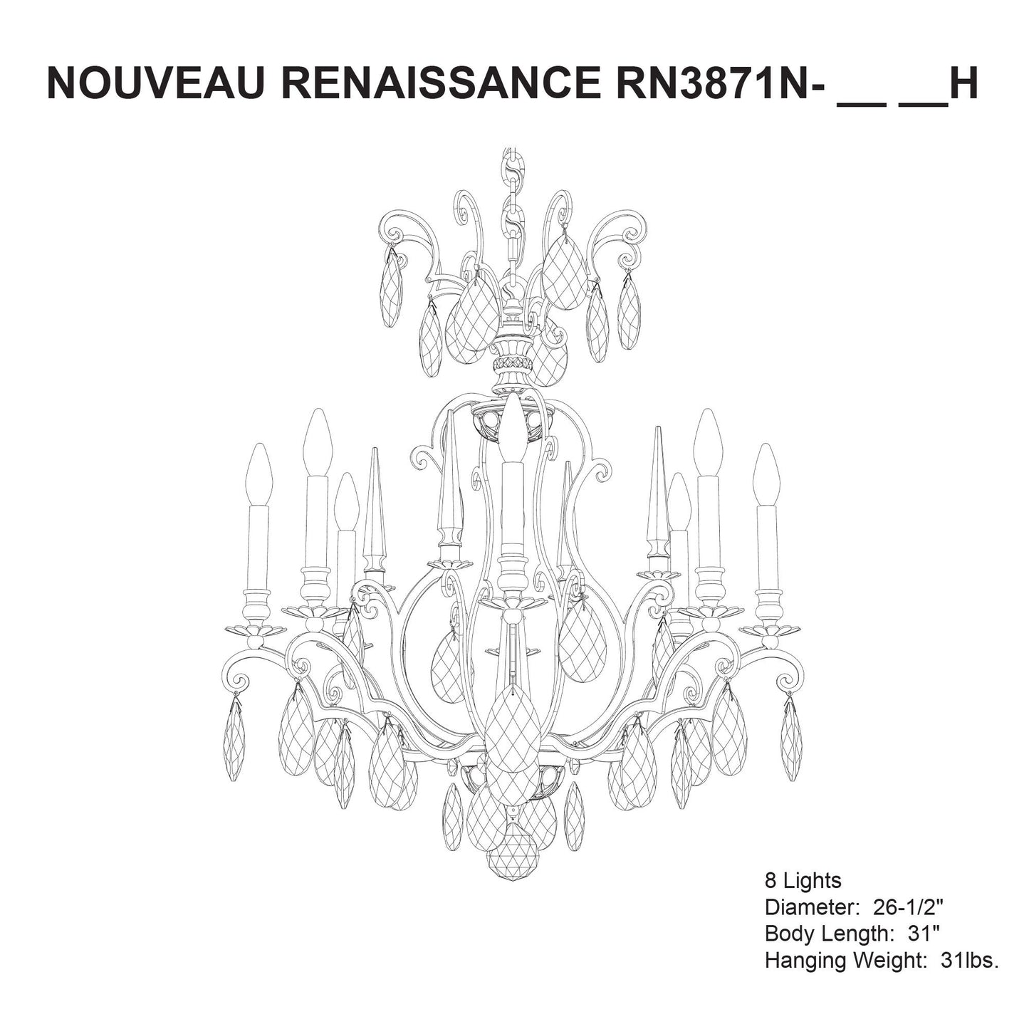 Renaissance Nouveau 31"H x 32"W 8-Light Crystal Chandelier in Etr
