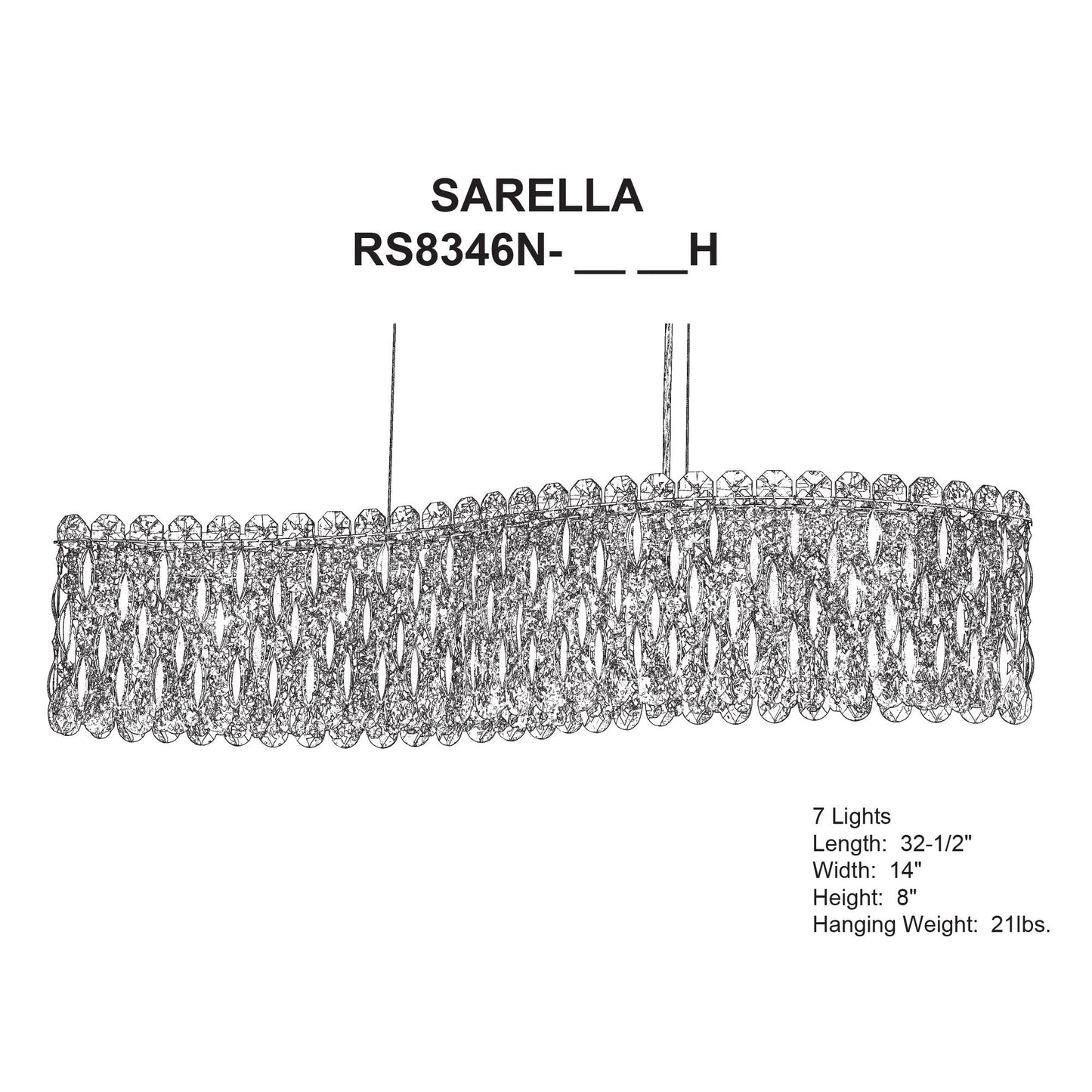 Sarella 8"H x 32.5"W 7-Light Crystal Linear Chandelier in Antique