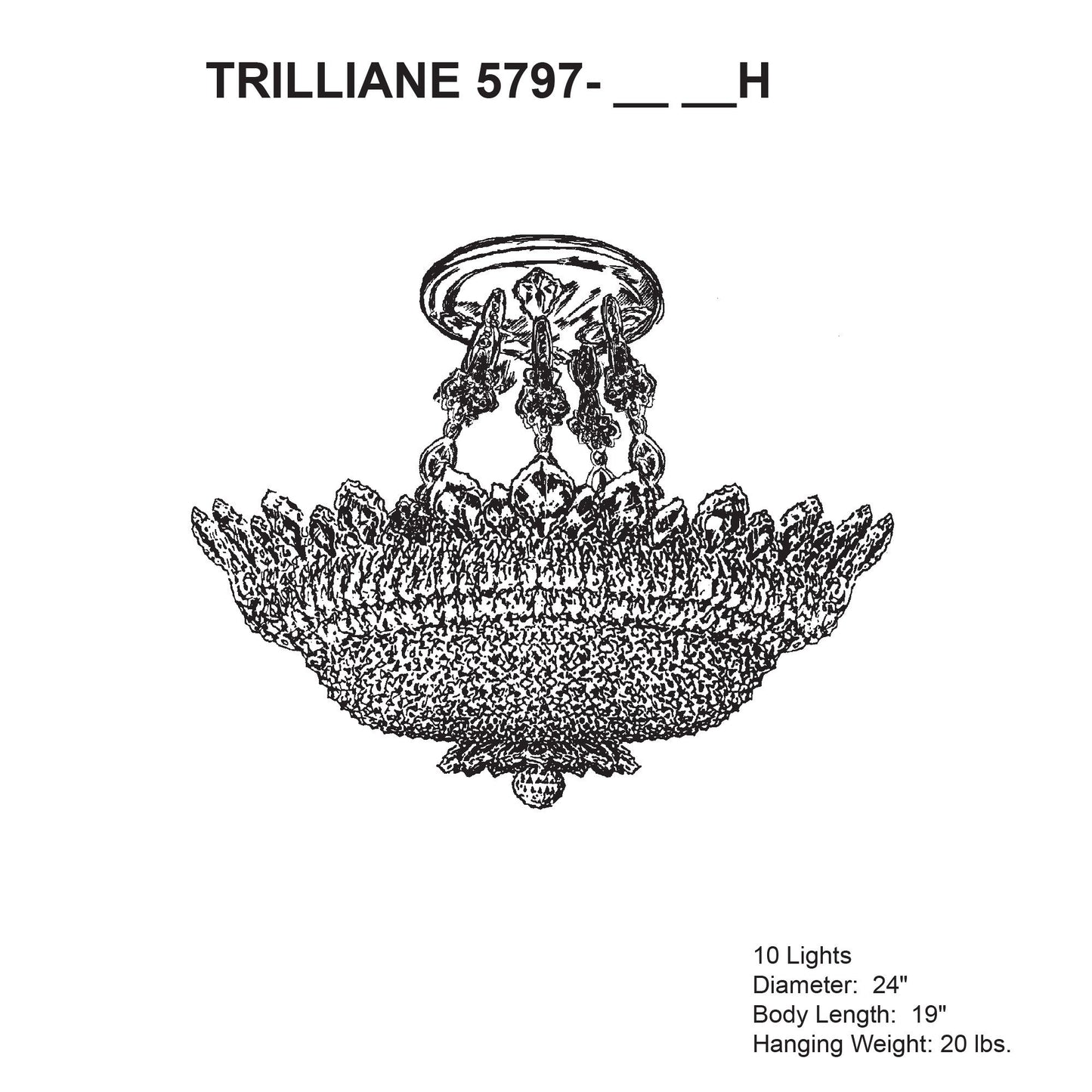 Trilliane 19"H x 24"W 10-Light Crystal Semi-Flush Mount in Silver