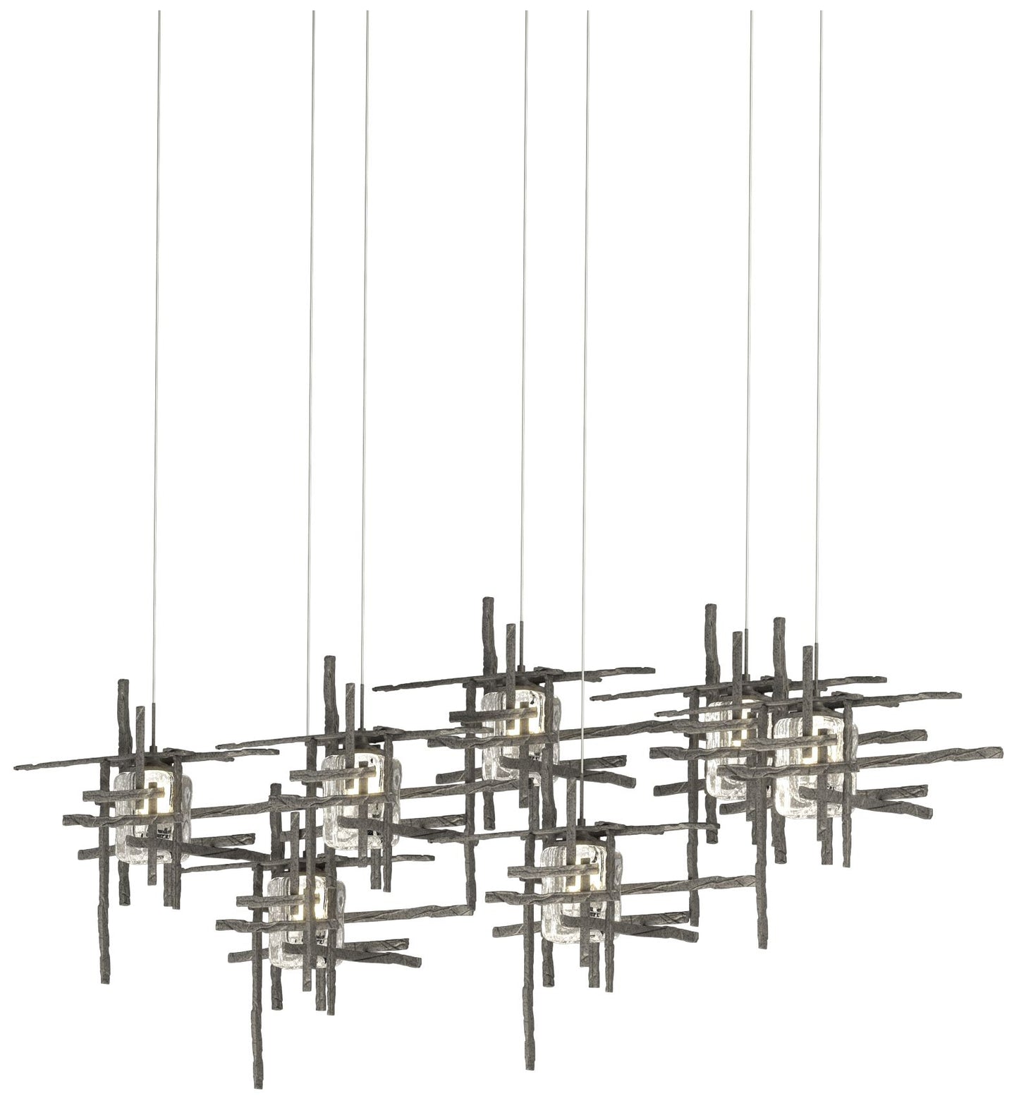 Tura 53.6"W 7-Light Rectangular Iron Long Pendant w/ Seeded Glass Shad