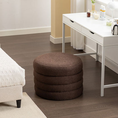 24.41" Brown Boucle Round Storage Ottoman - Footstool With Wooden Shelving