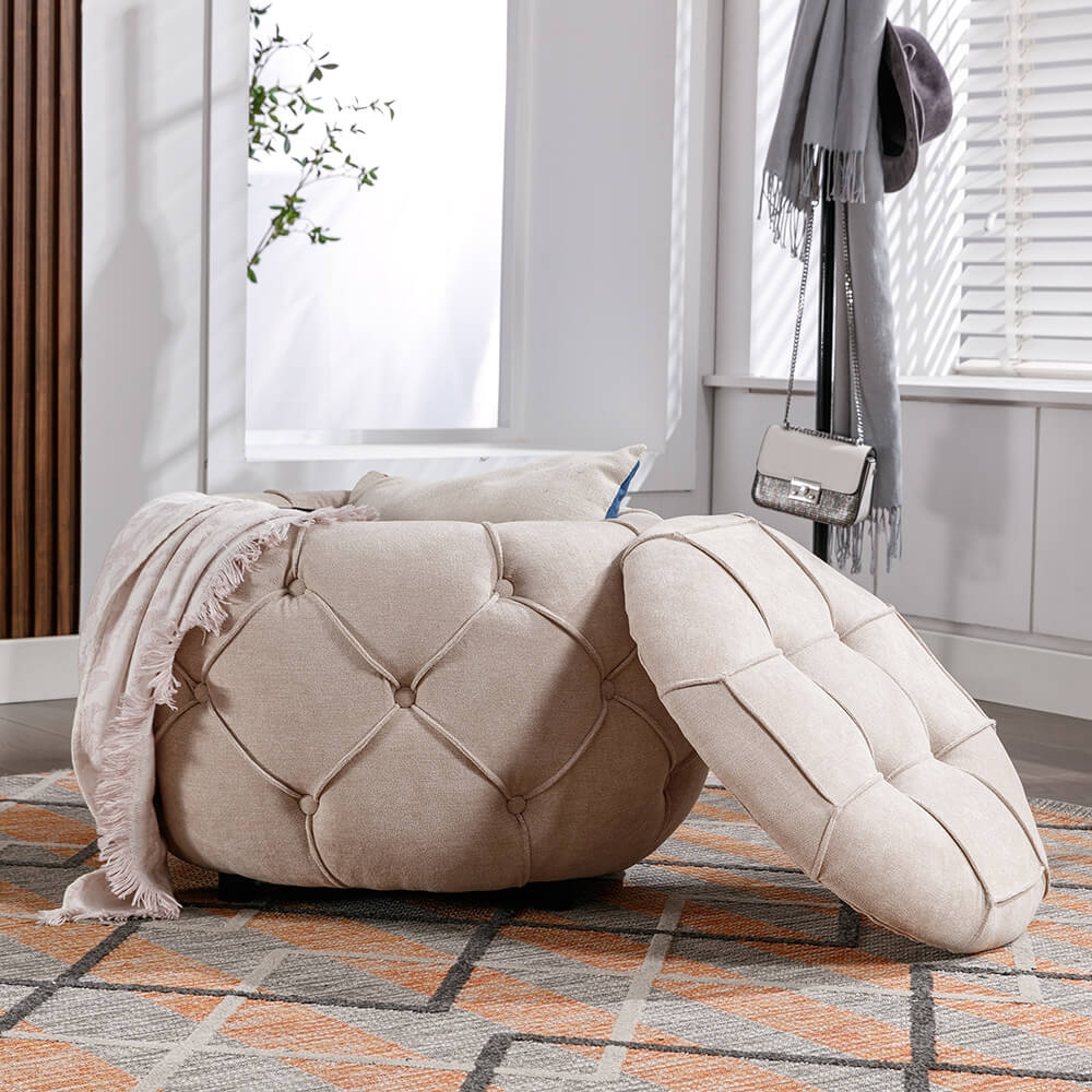 17.7" Beige Round Woven Storage Ottoman with Large Tufted Button