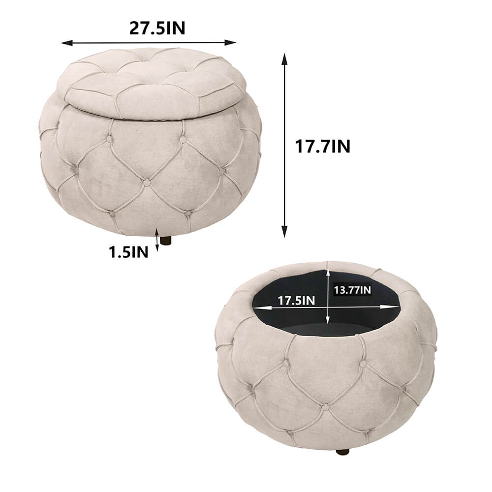 17.7" Beige Round Woven Storage Ottoman with Large Tufted Button