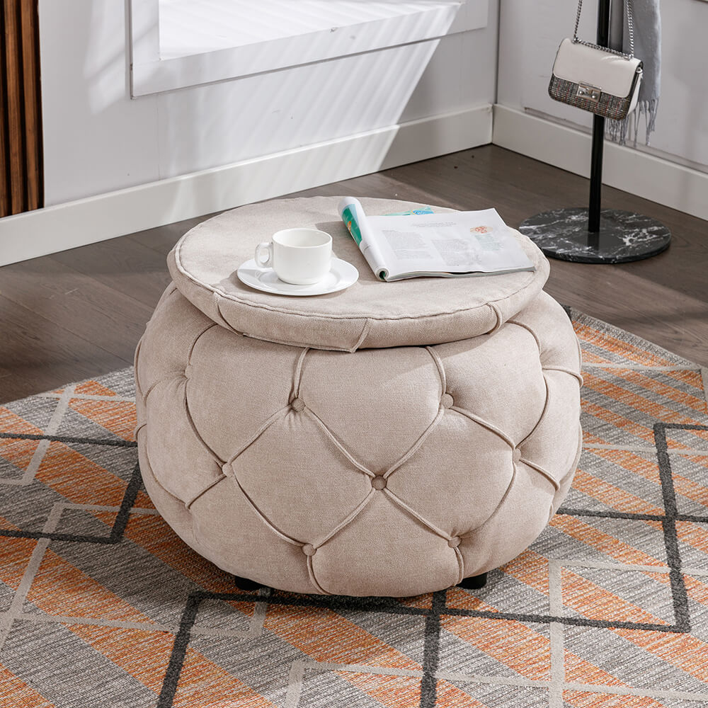 17.7" Beige Round Woven Storage Ottoman with Large Tufted Button