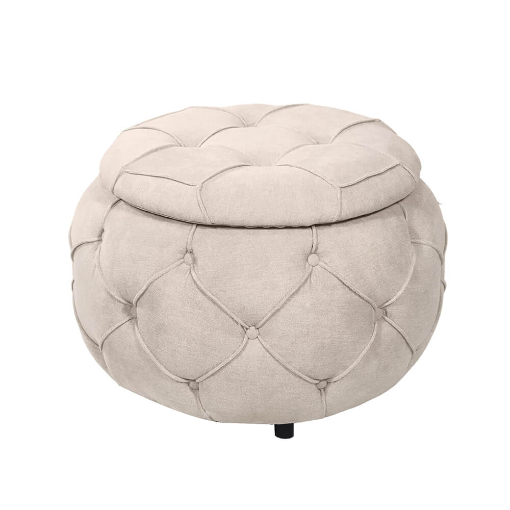 17.7" Beige Round Woven Storage Ottoman with Large Tufted Button