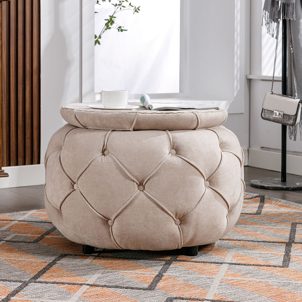 17.7" Beige Round Woven Storage Ottoman with Large Tufted Button