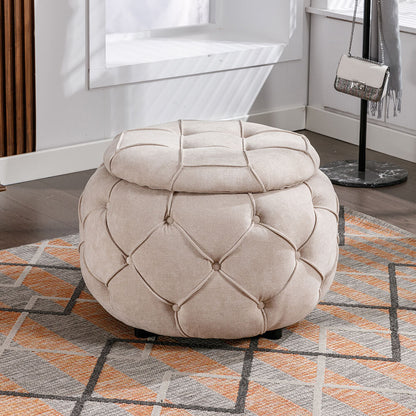 17.7" Beige Round Woven Storage Ottoman with Large Tufted Button