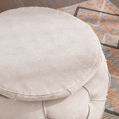 17.7" Beige Round Woven Storage Ottoman with Large Tufted Button