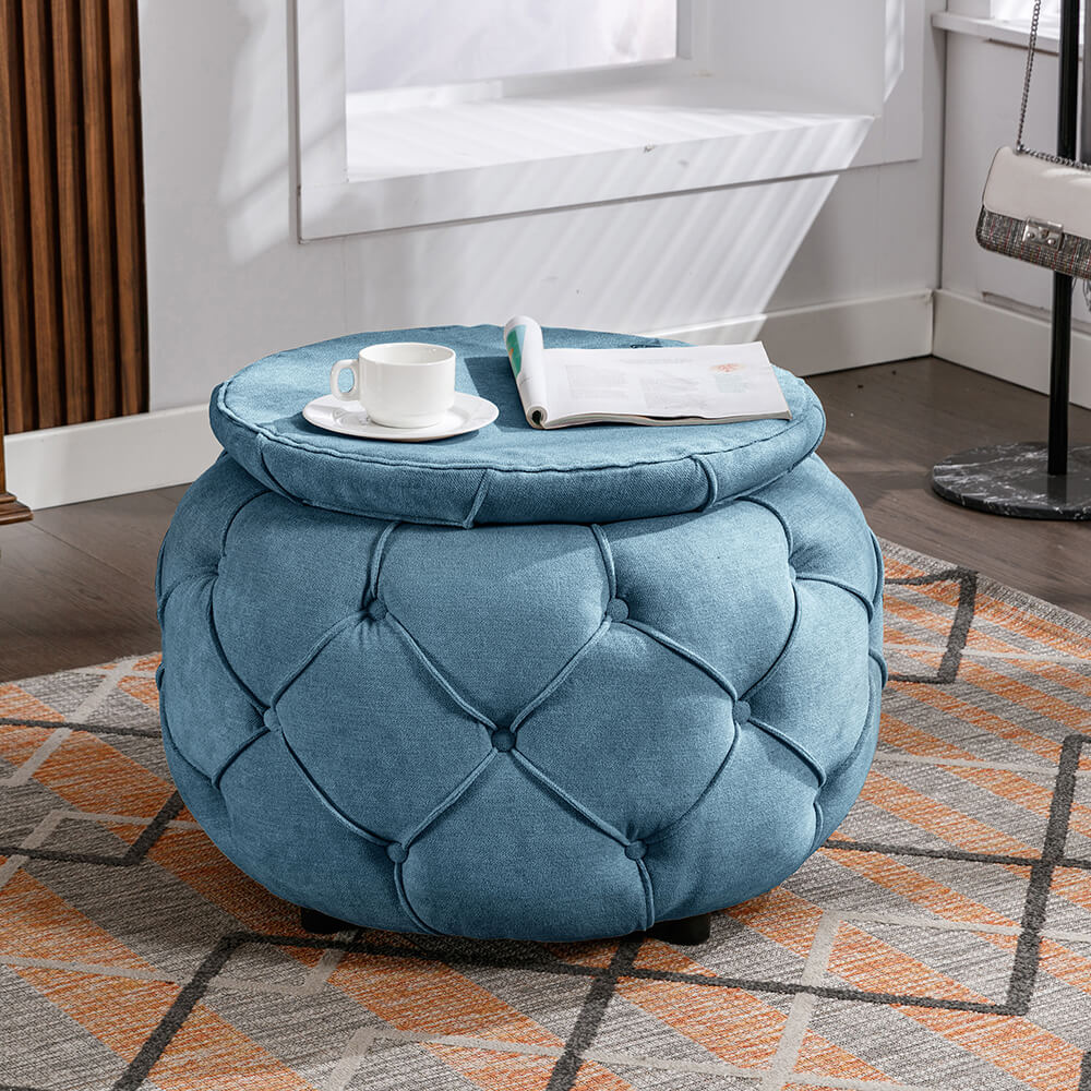 17.7" Blue Round Woven Storage Ottoman with Large Tufted Button