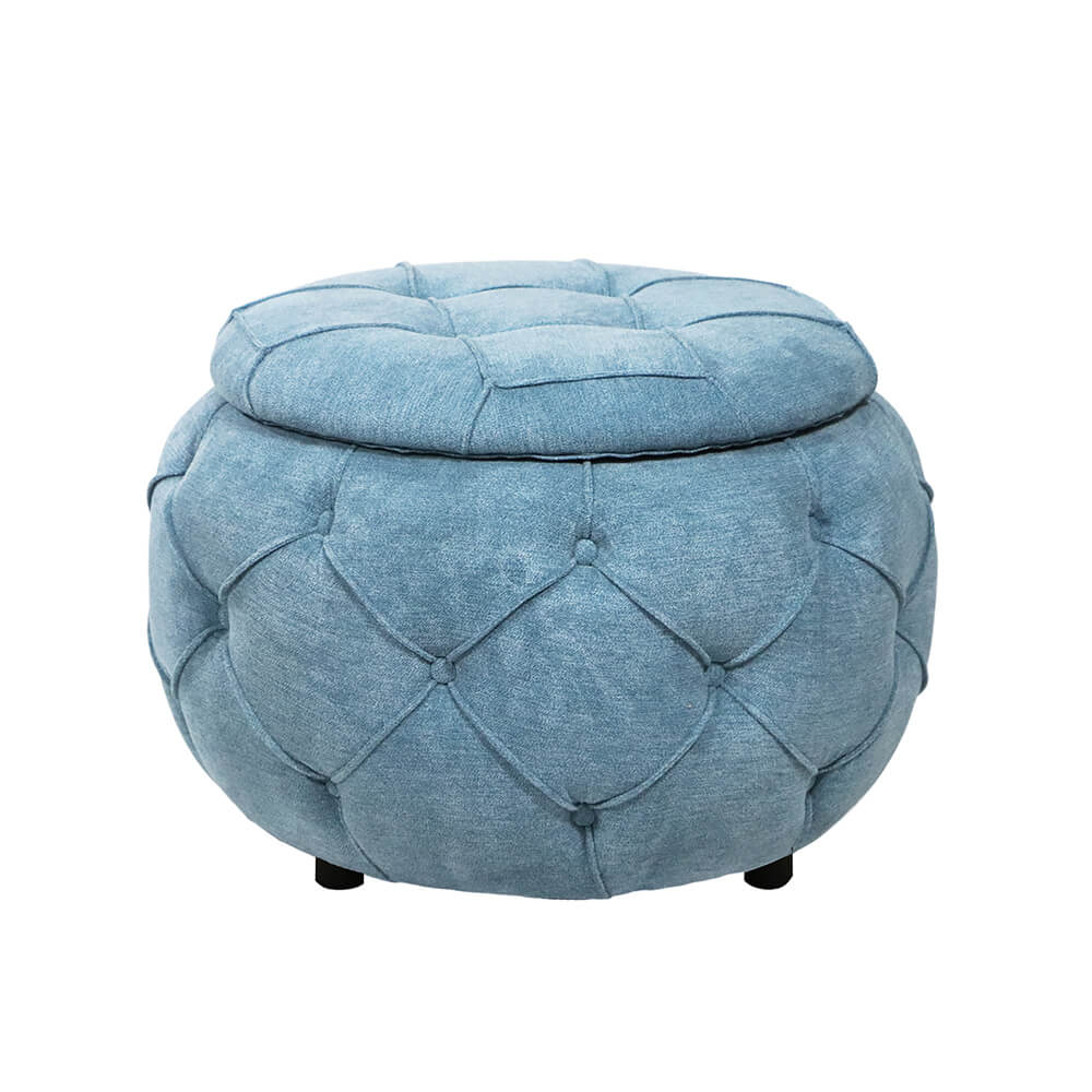 17.7" Blue Round Woven Storage Ottoman with Large Tufted Button