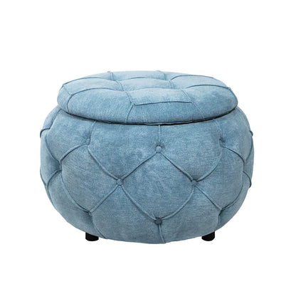 17.7" Blue Round Woven Storage Ottoman with Large Tufted Button