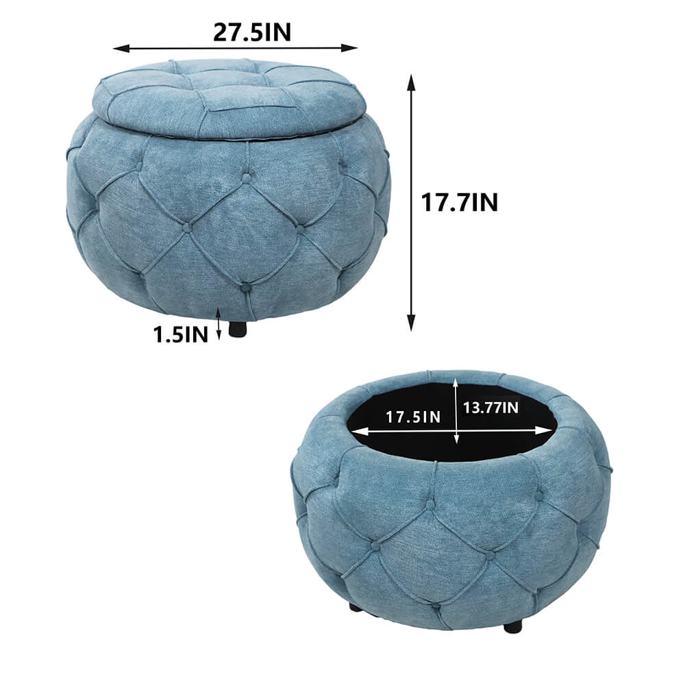 17.7" Blue Round Woven Storage Ottoman with Large Tufted Button