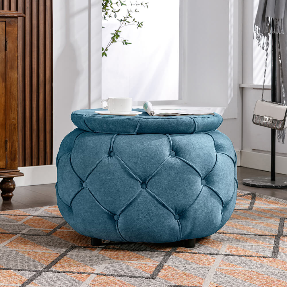 17.7" Blue Round Woven Storage Ottoman with Large Tufted Button