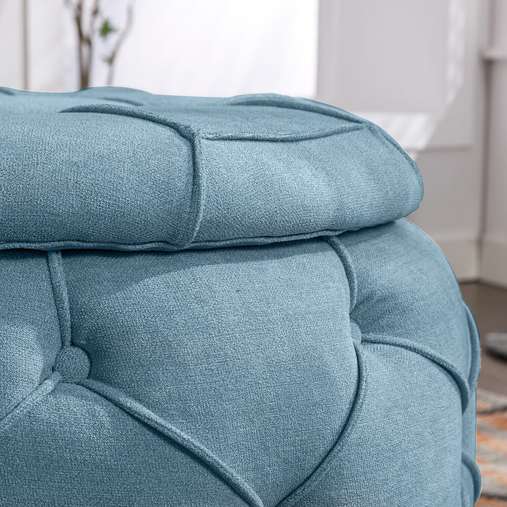 17.7" Blue Round Woven Storage Ottoman with Large Tufted Button