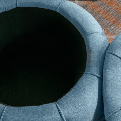 17.7" Blue Round Woven Storage Ottoman with Large Tufted Button