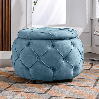 17.7" Blue Round Woven Storage Ottoman with Large Tufted Button