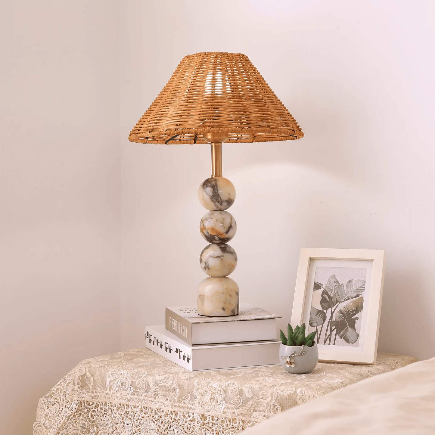 Marble Orb Rattan Table Lamp