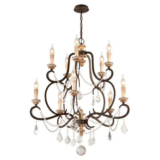 Bronze 10-Light Medium Chandelier w/ Distressed Gold Leaf Crystal