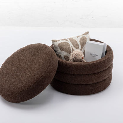 24.41" Brown Boucle Round Storage Ottoman - Footstool With Wooden Shelving