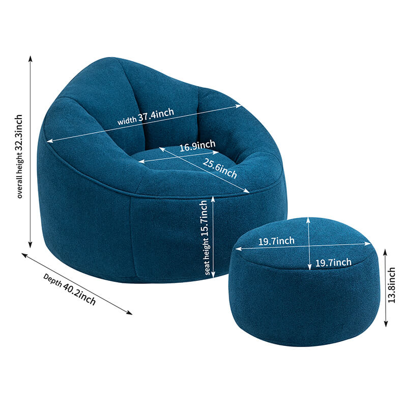 40" Blue High Pressure Bean Bag Sofa Chair with Padded Foam & Footrest