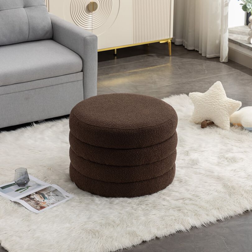 24.41" Brown Boucle Round Storage Ottoman - Footstool With Wooden Shelving