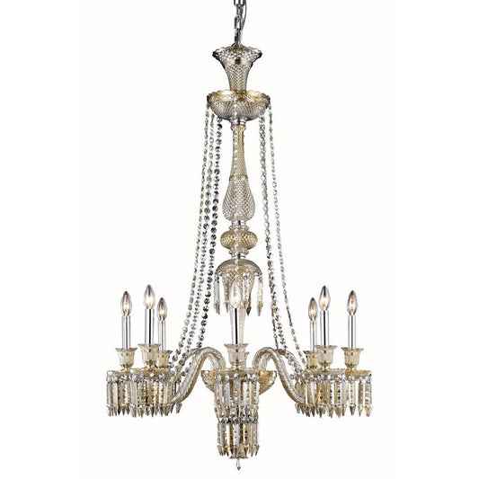 Golden Teak Eight-Light Chandelier with Elegant Cut Crystal