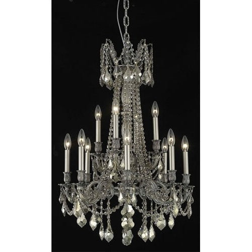 Pewter Twelve-Light Chandelier with Golden Teak/Smoky Royal Cut Crystals