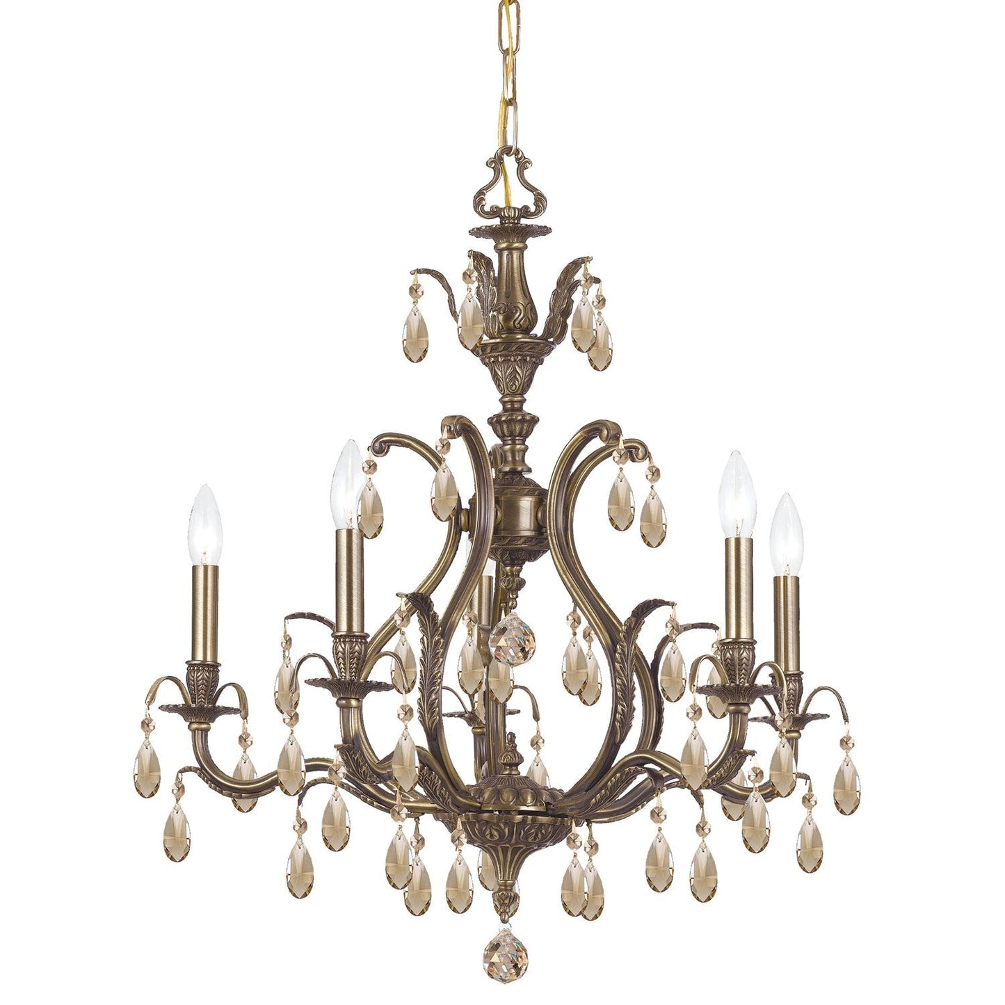 Group Dawson Antique Brass Five-Light Chandelier with Golden Teak Hand Cut Wrought Iron