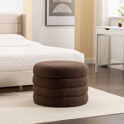 24.41" Brown Boucle Round Storage Ottoman - Footstool With Wooden Shelving