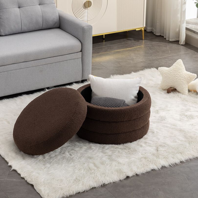 24.41" Brown Boucle Round Storage Ottoman - Footstool With Wooden Shelving