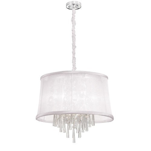 Six-Light Polished Chrome and Clear Crystal Pendant w/ White Organza Shade and Chain cover