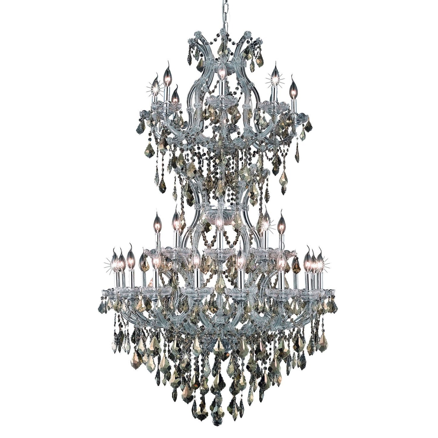 Maria Theresa Chrome Thirty-Four Light 36-Inch Chandelier with Royal Cut Golden Teak Smoky Crystal