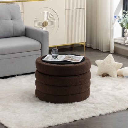 24.41" Brown Boucle Round Storage Ottoman - Footstool With Wooden Shelving