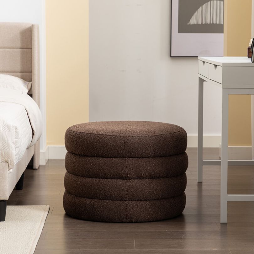 24.41" Brown Boucle Round Storage Ottoman - Footstool With Wooden Shelving