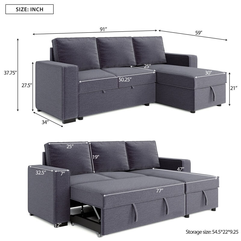 91" Reversible Pull-Out Sectional Storage Sofa