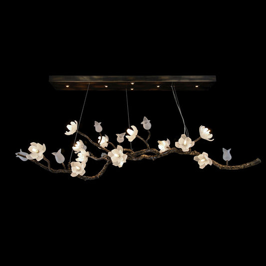 John Richard Churippu Magnolia & Tulip Glass Bronze Oblong Nineteen-Light Chandelier