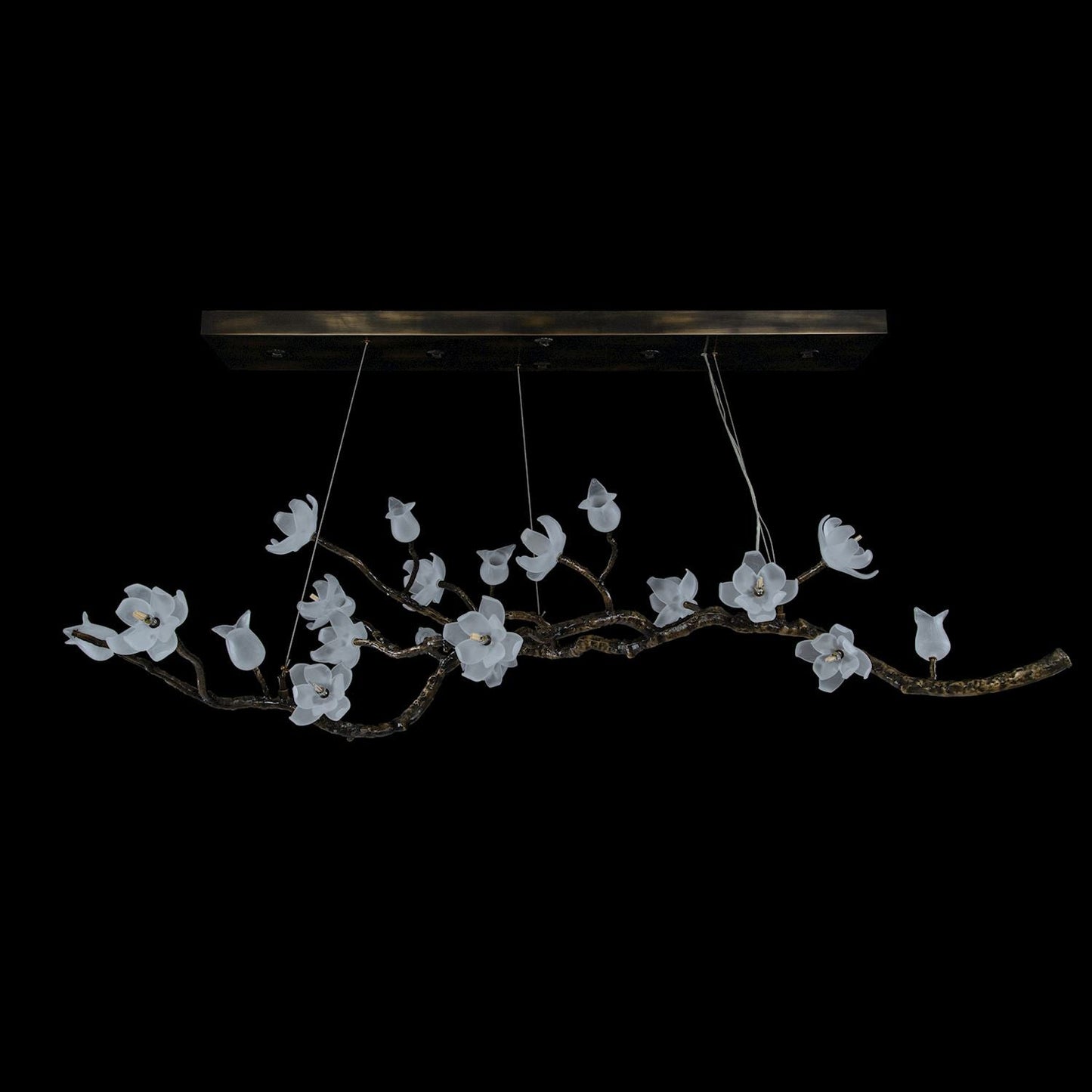 John Richard Churippu Magnolia & Tulip Glass Bronze Oblong Nineteen-Light Chandelier