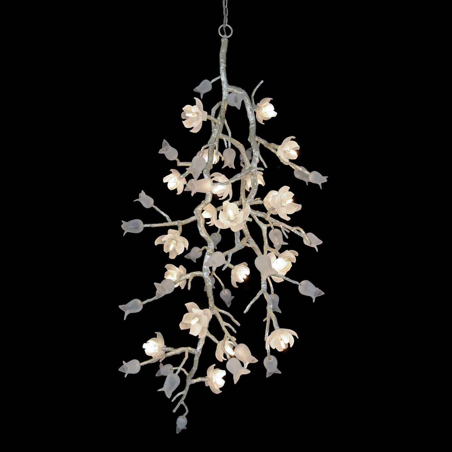 John Richard Churippu Magnolia & Tulip Glass Silver Leaf Vertical Twenty-One Light Chandelier