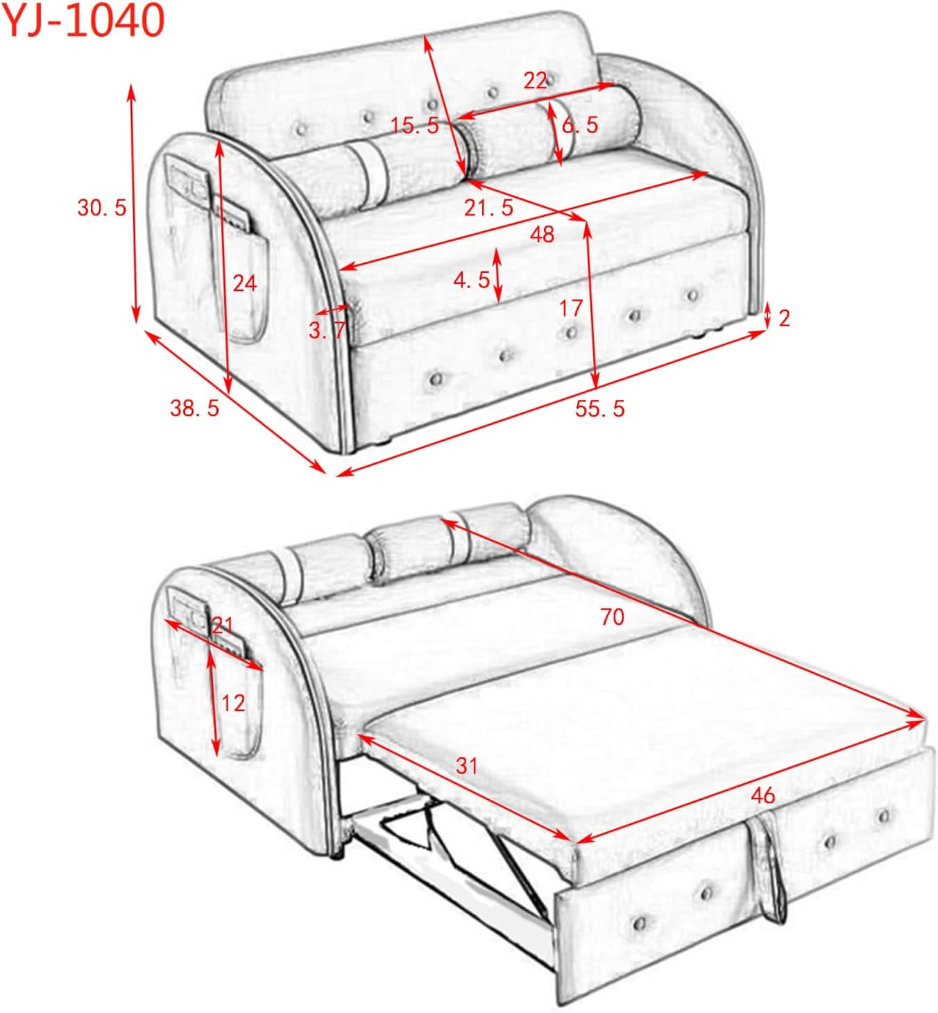 55.5" Pull-out Sofa Bed with Lumbar Pillows and Adjustable Backrest